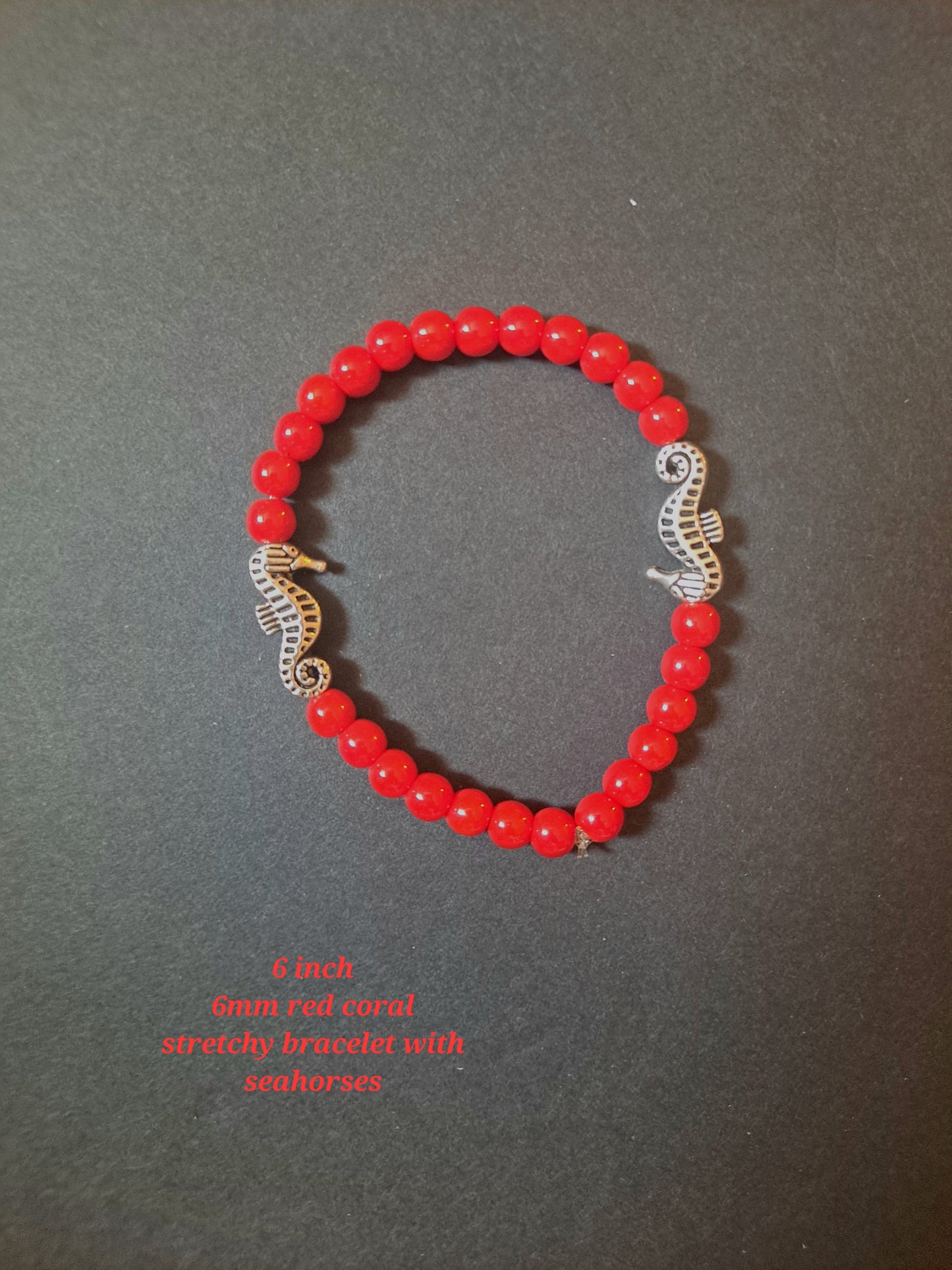 Red Coral Stretchy Bracelet with Seahorses